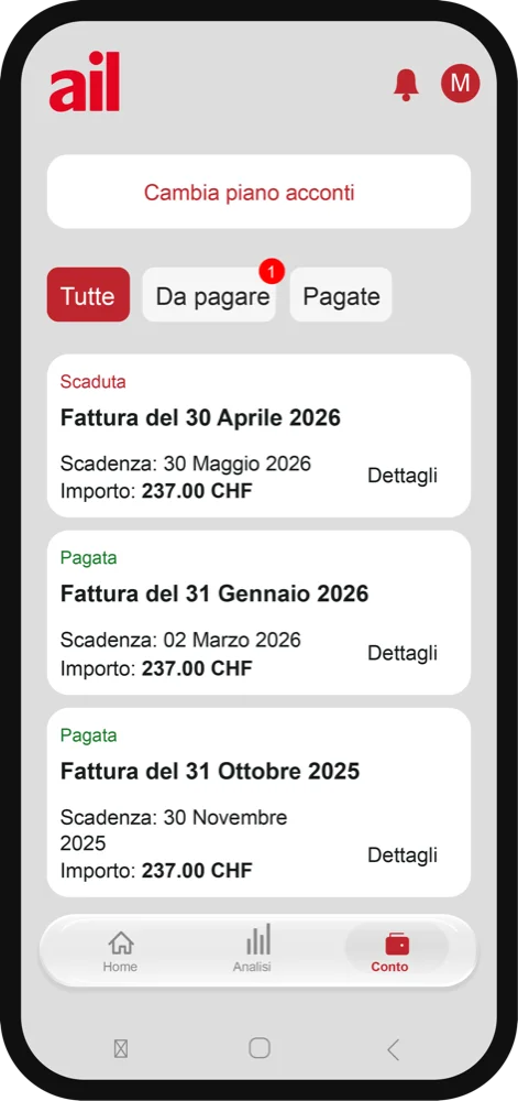 Schermata delle fatture nell’app MyAIL