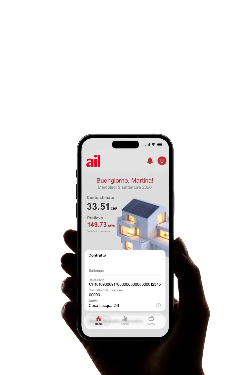 Una mano che tiene uno smartphone con la schermata principale dell’app MyAIL
